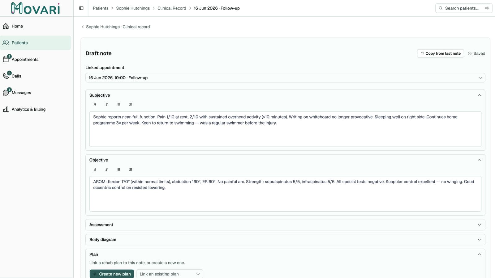 A SOAP-structured clinical note being drafted in Movari