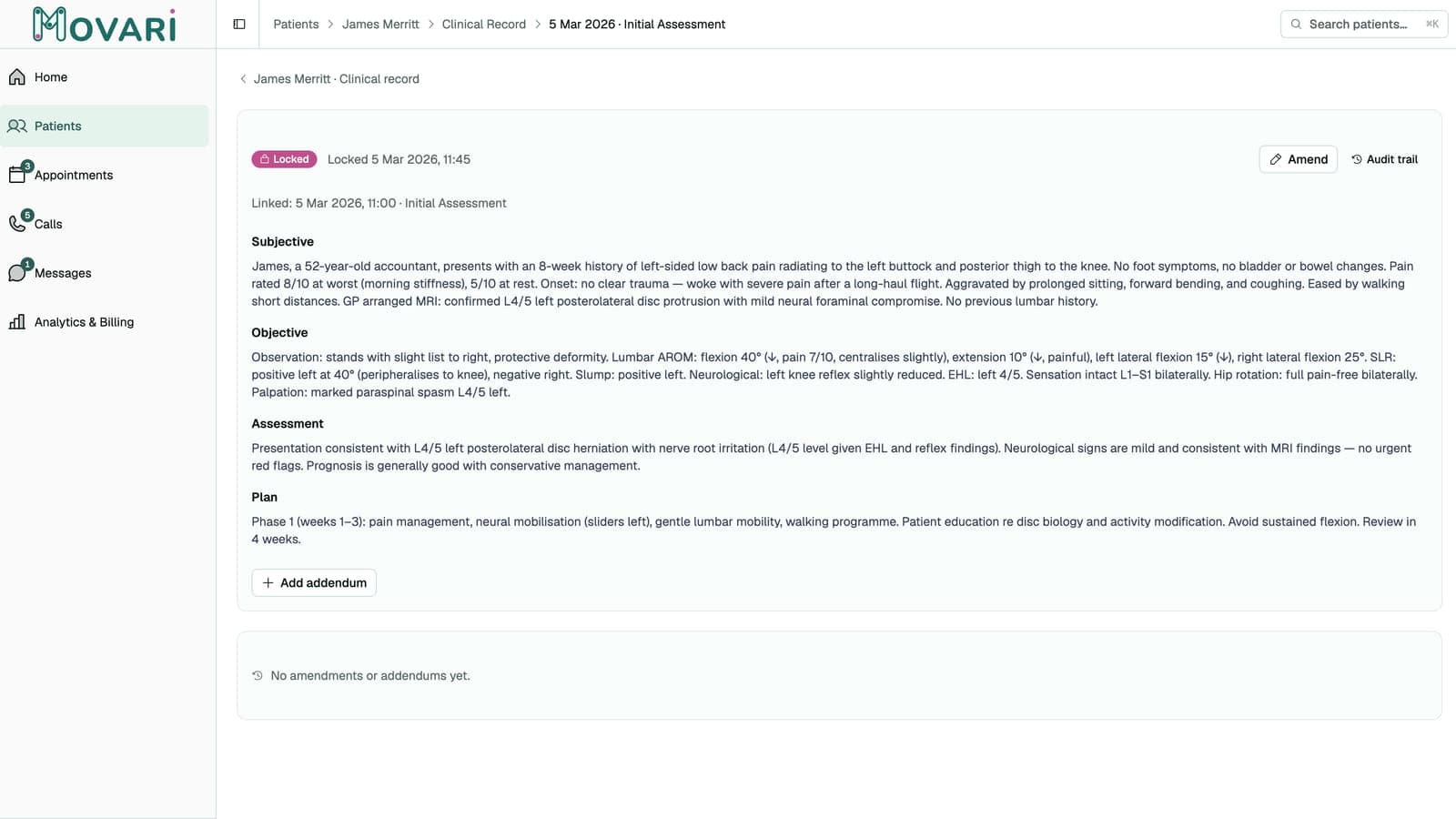 A locked clinical note in Movari, showing it can no longer be edited directly