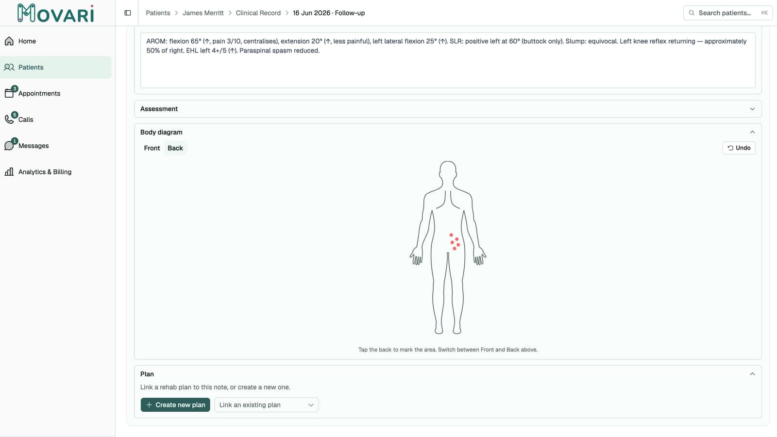 An annotated body diagram attached to a clinical note
