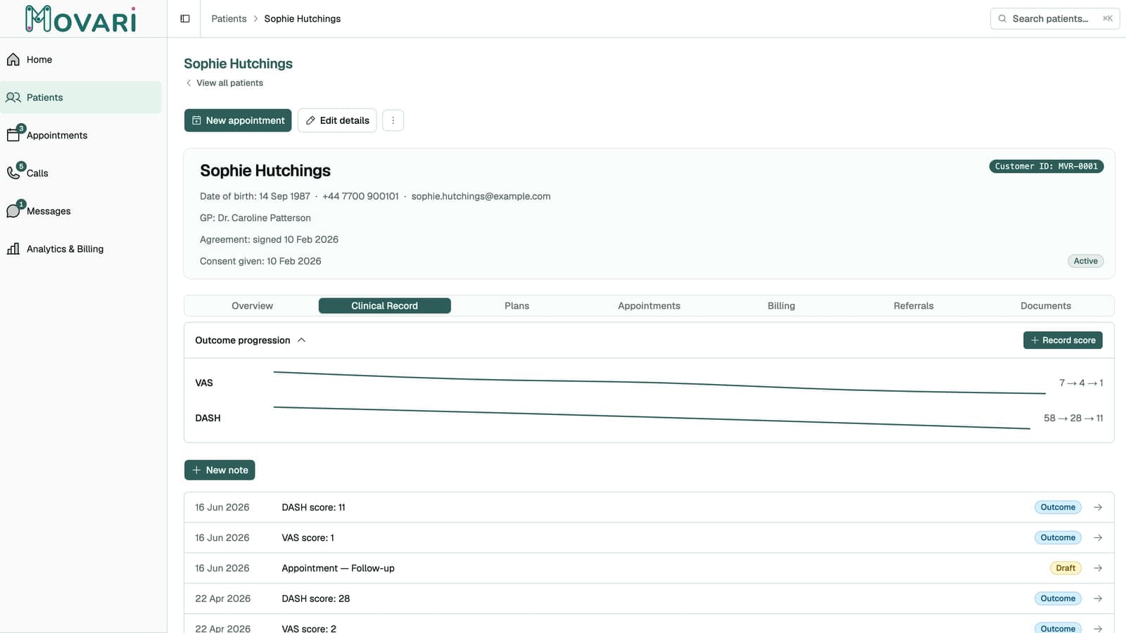 The full clinical record for a patient in Movari