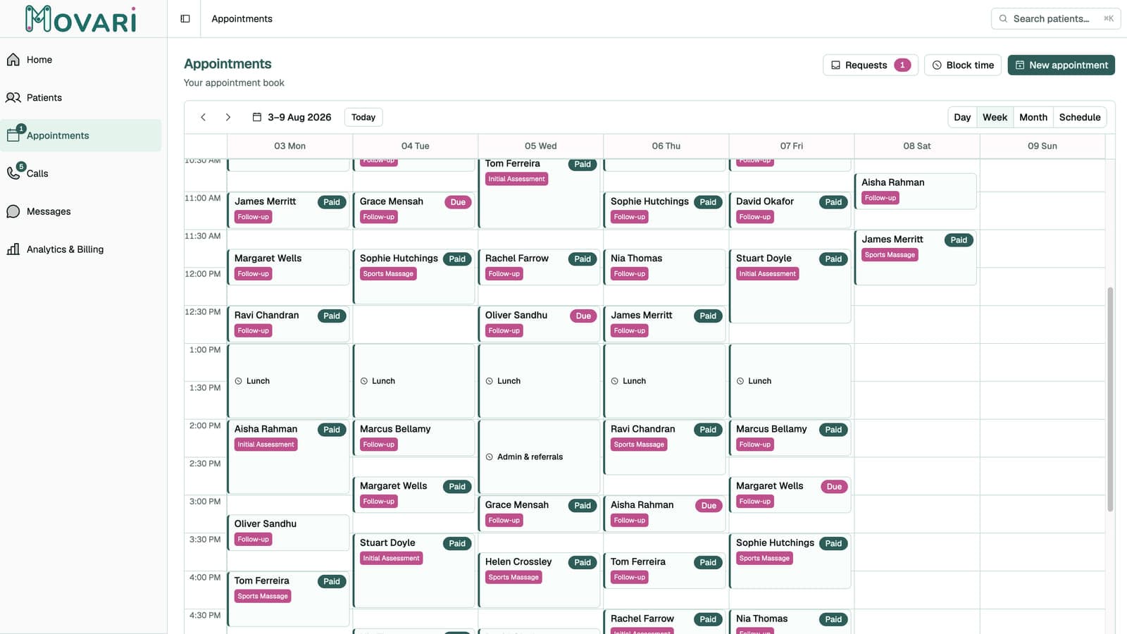 The appointment book in week view, a full week of patients at a glance