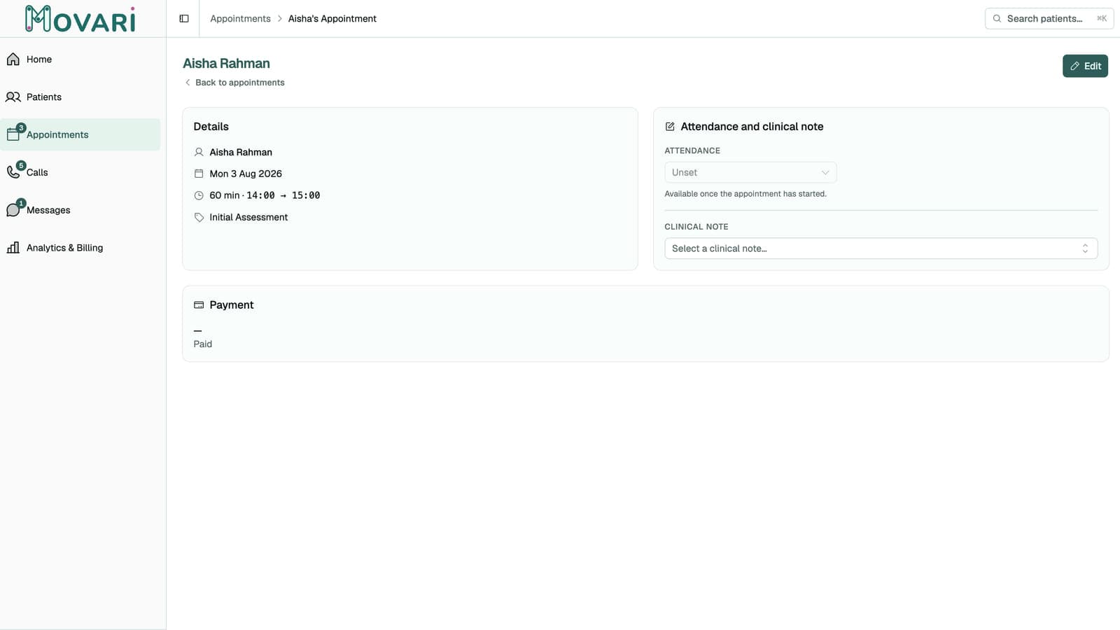 An appointment opened, showing session type, payment status and attendance