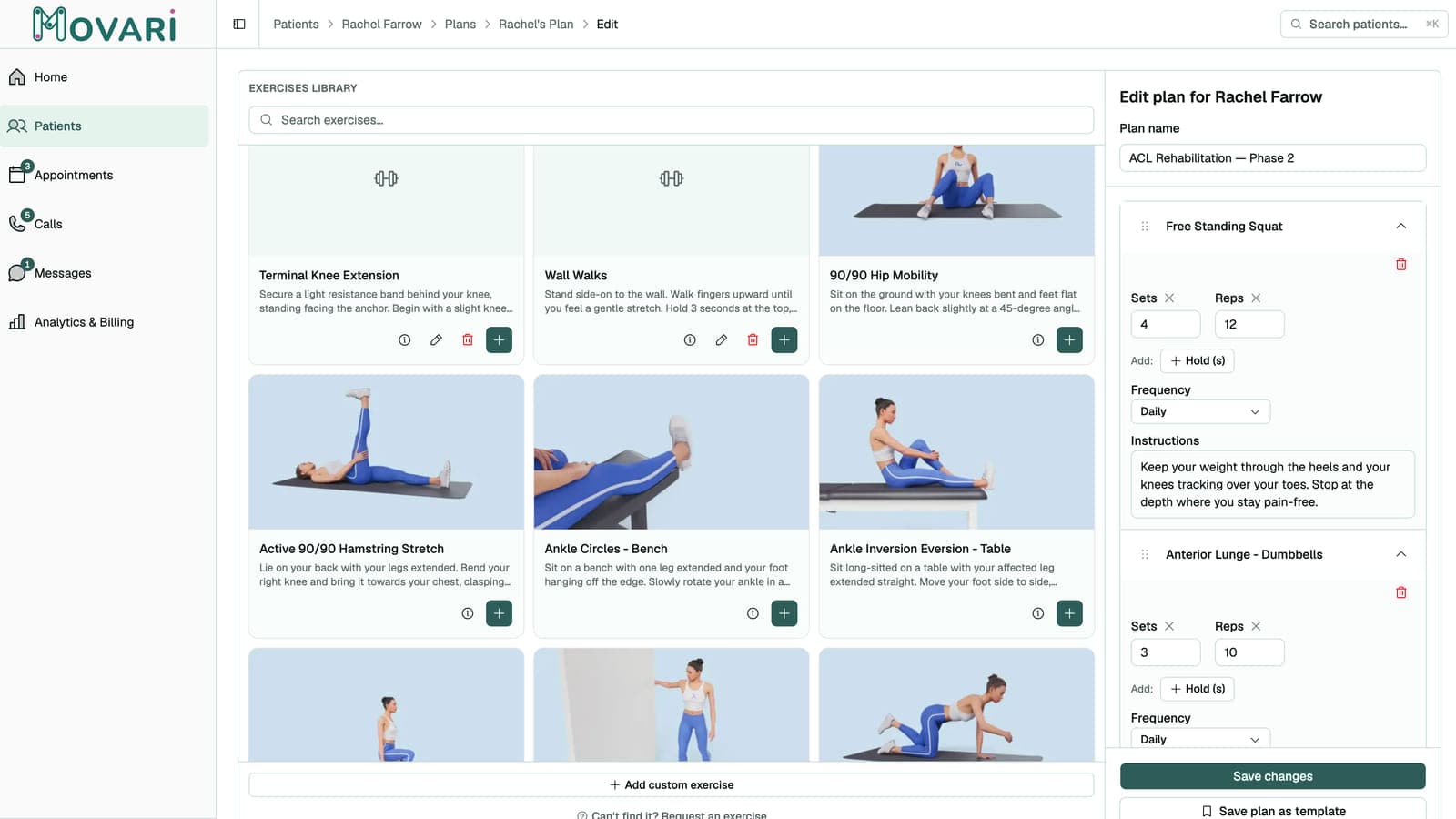 Building a rehab plan by dragging exercises into order