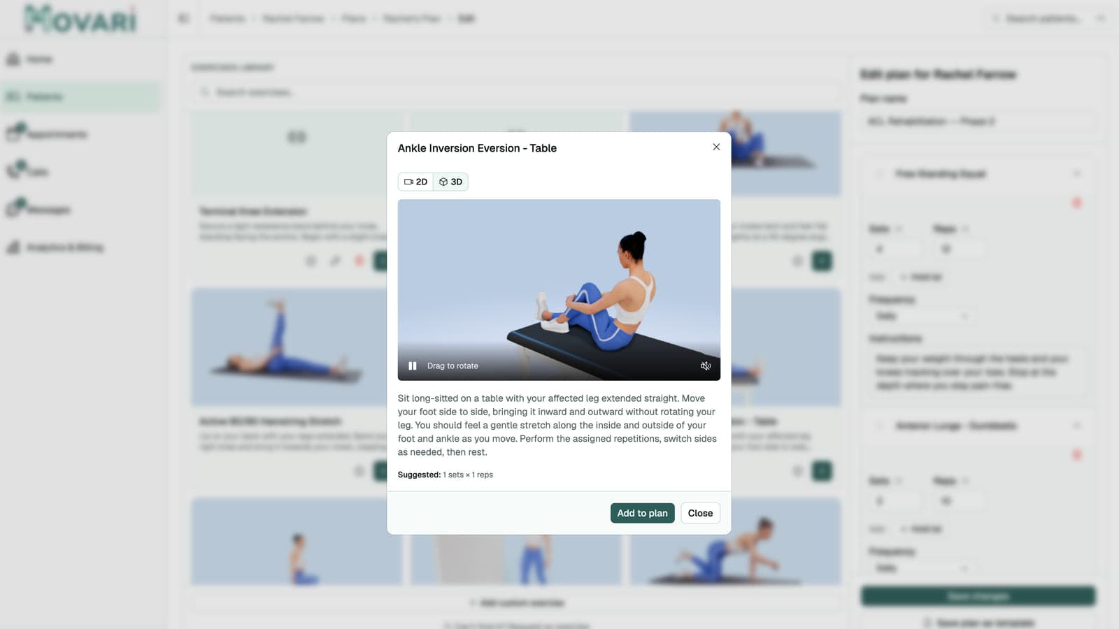 An exercise shown as a 3D model the patient can rotate and zoom