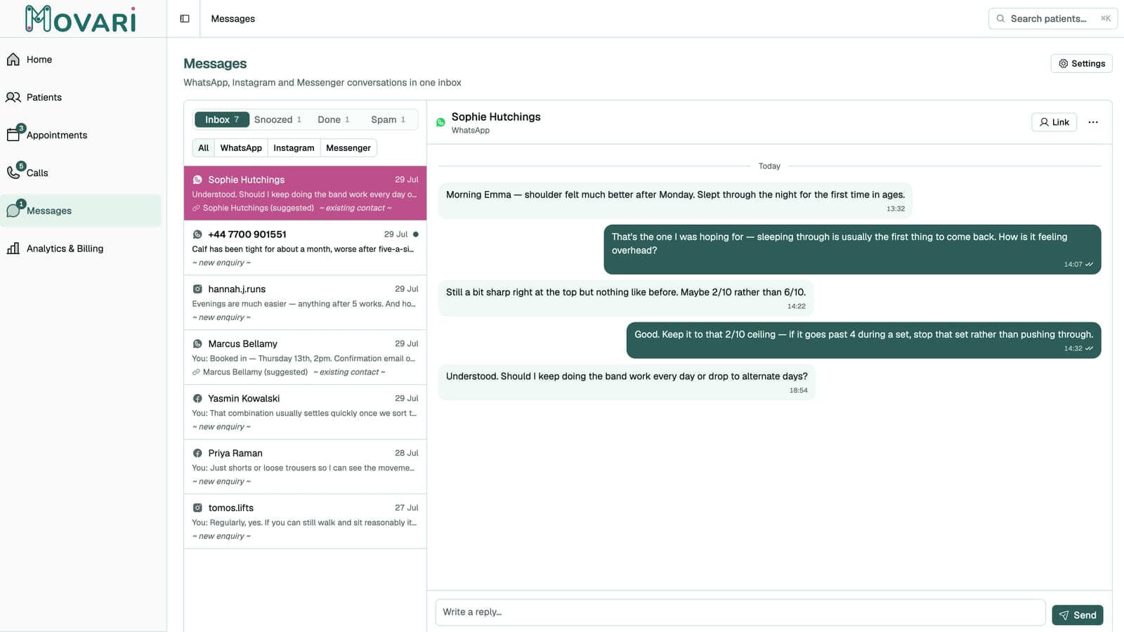 The unified message inbox with WhatsApp, Instagram and Messenger threads side by side