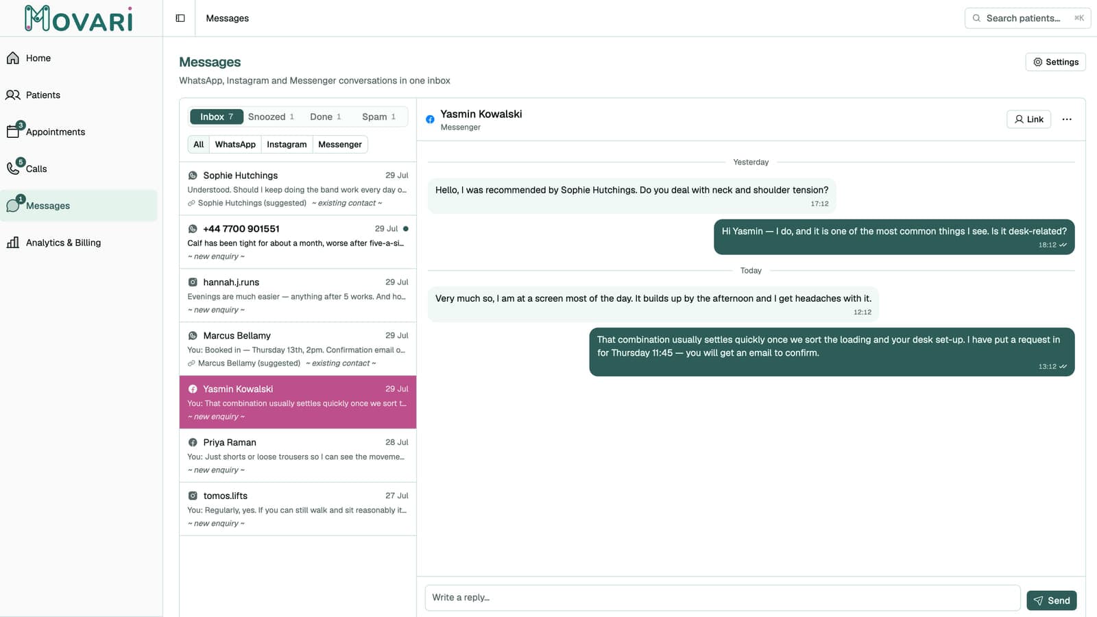 A Messenger enquiry open in the inbox