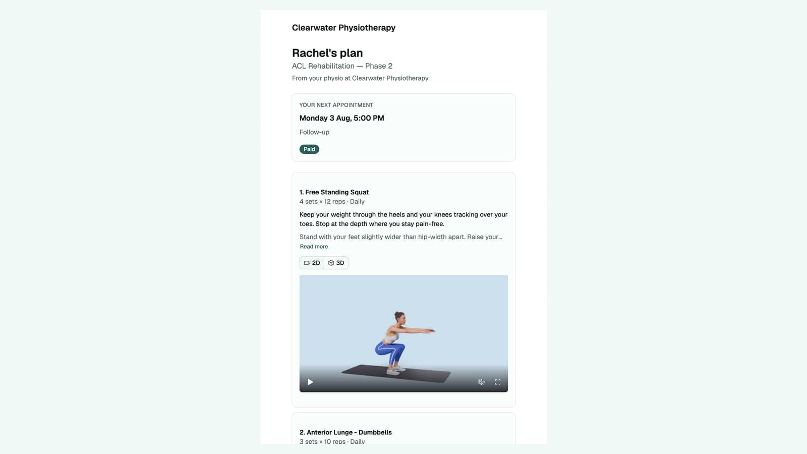 A patient's rehab plan on their phone, opened from a magic link with no account