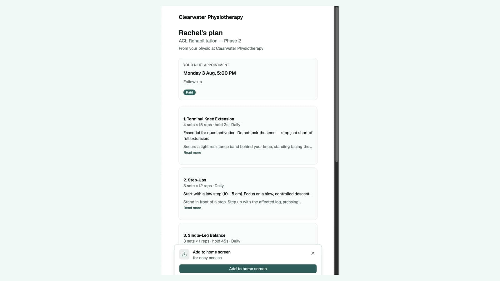 A patient saving their plan to their phone's homescreen