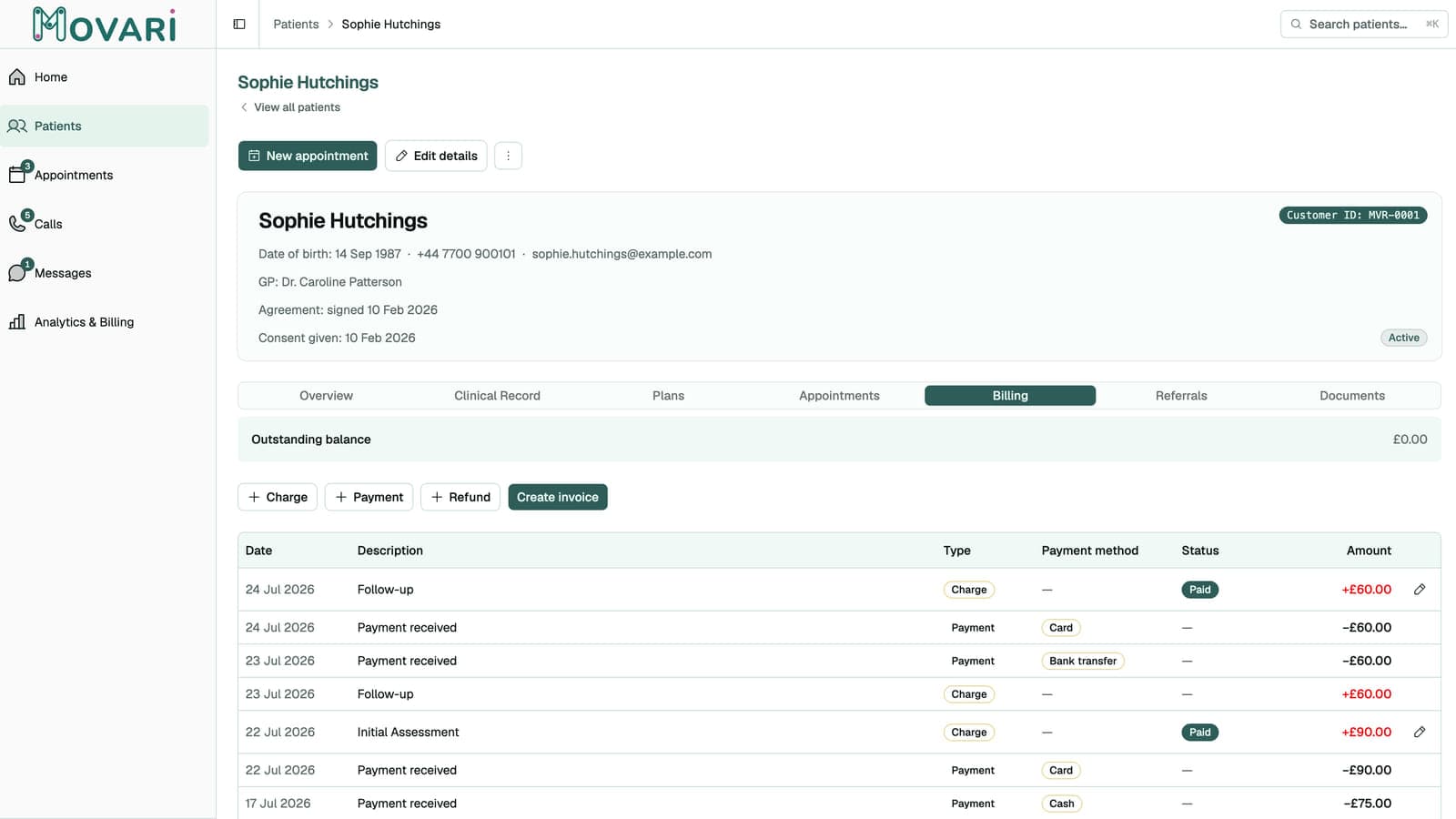 A patient's billing tab showing charges, payments and outstanding balance